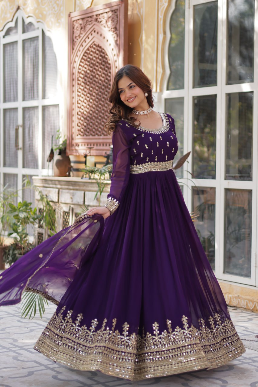 "Elegant Faux Blooming Embroidered Gown with Sequins and Designer Dupatta Set"