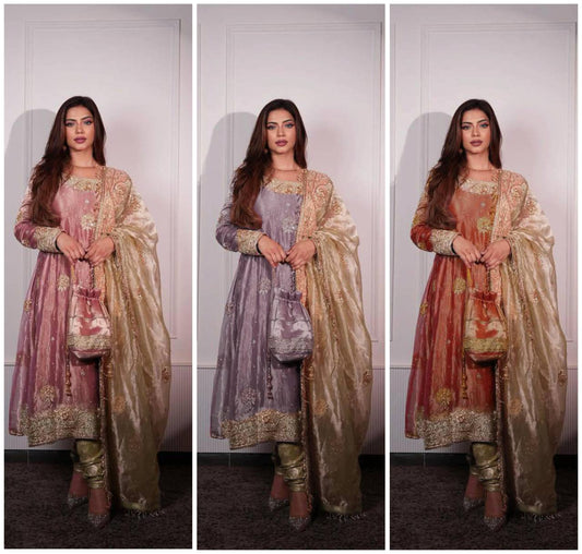 "Luxury Jimmy Choo Sequence Embroidered Eid Set with Moti Work and Lace Detailing"