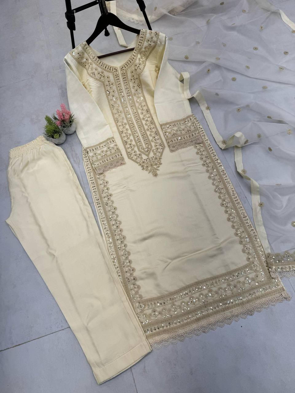"Elegant Roman Silk Sequence Embroidered Eid Collection with Fancy GPO Lace Work"