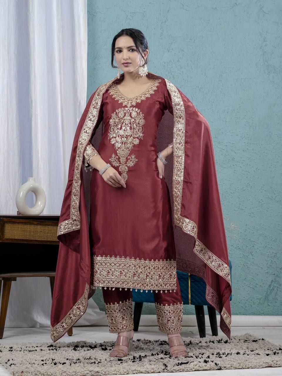 "Elegant Heavy Chinnon Silk Embroidered Suit Set with Dupatta and Pant"