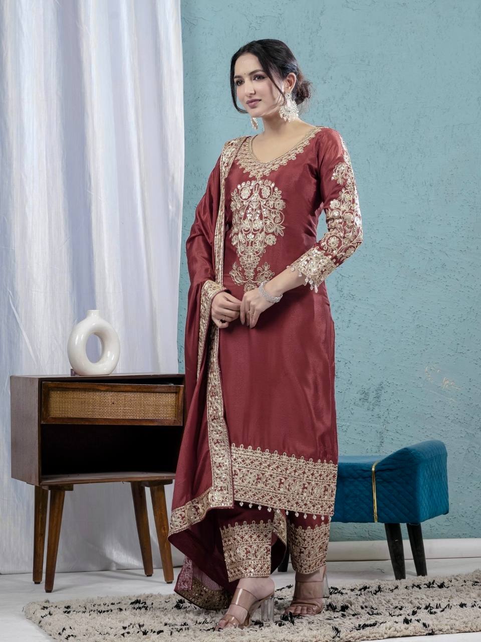 "Elegant Heavy Chinnon Silk Embroidered Suit Set with Dupatta and Pant"
