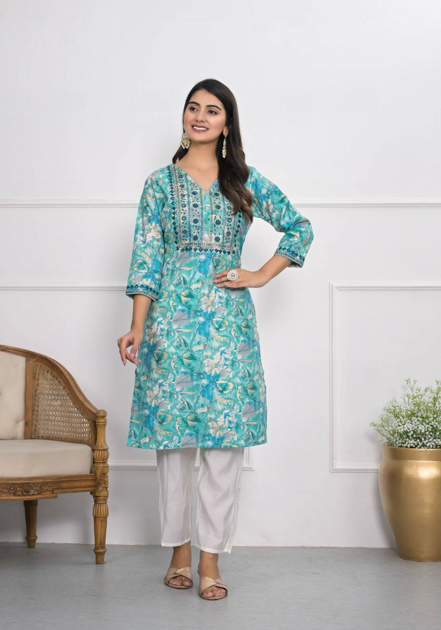 "Heavy Chanderi Silk Floral Printed & Embroidered ReadyMade Stitched Top"