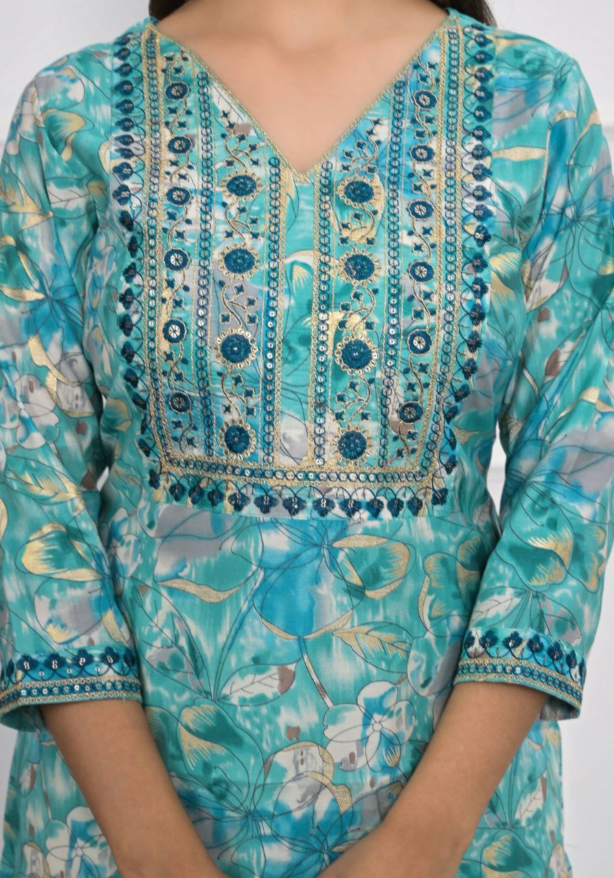 "Heavy Chanderi Silk Floral Printed & Embroidered ReadyMade Stitched Top"