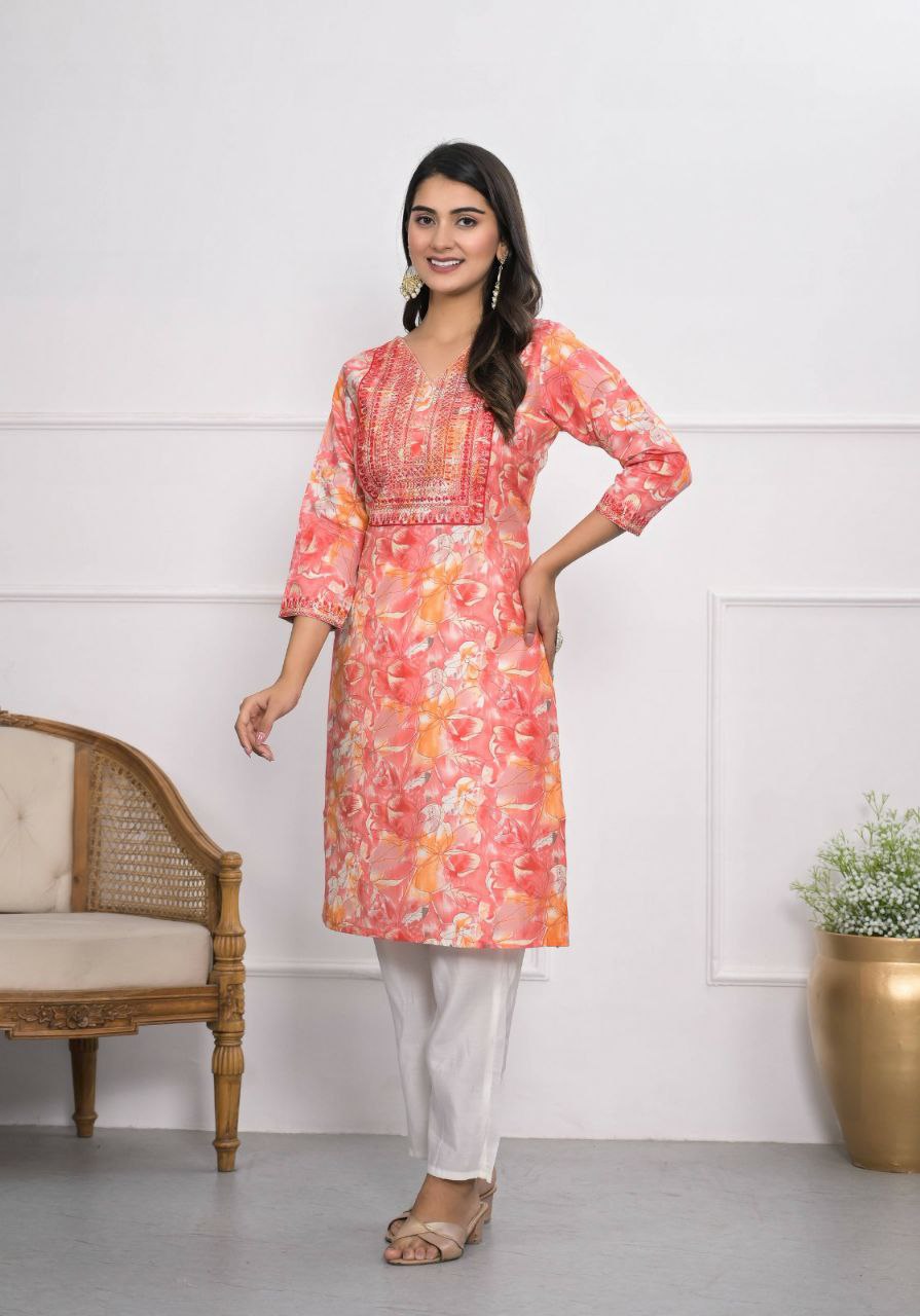 "Heavy Chanderi Silk Floral Printed & Embroidered ReadyMade Stitched Top"