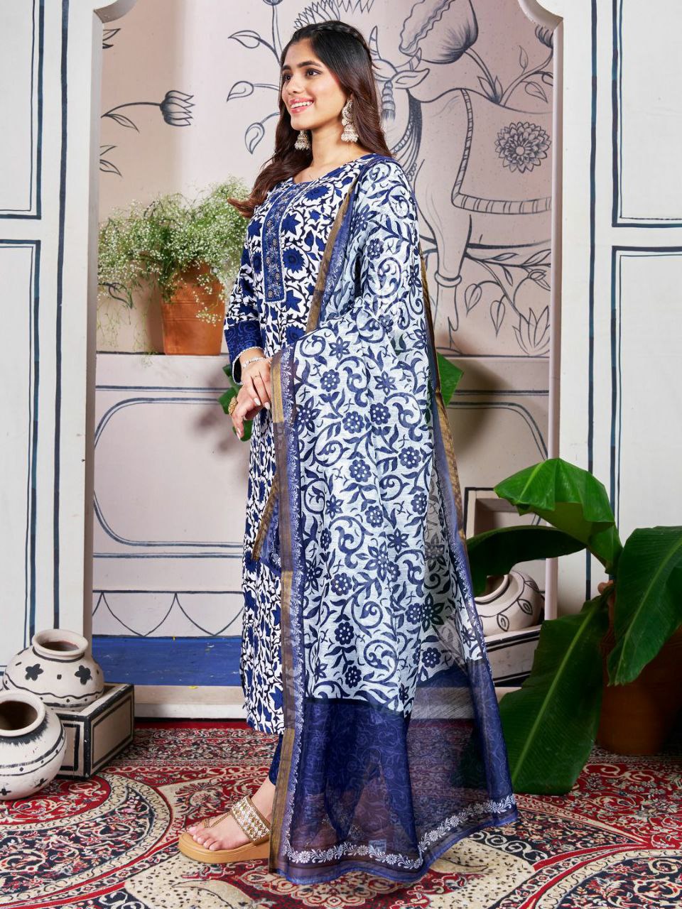 "Blue Rayon Kurti Set with Embroidery, Sequence Work, and Fancy Dupatta"