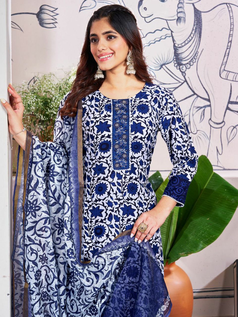 "Blue Rayon Kurti Set with Embroidery, Sequence Work, and Fancy Dupatta"