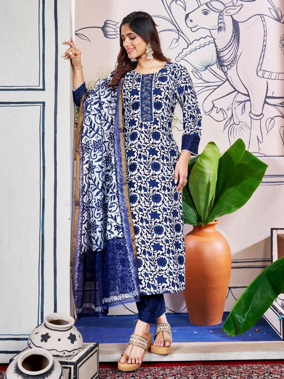 "Blue Rayon Kurti Set with Embroidery, Sequence Work, and Fancy Dupatta"