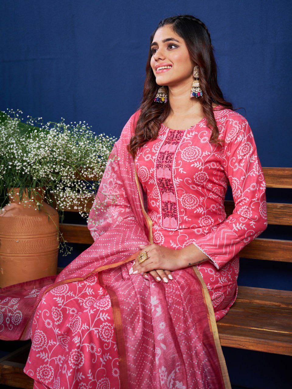 "Elegant Pink Rayon Kurti Set with Embroidery, Sequence Work, Rayon Pants, and Fancy Dupatta"