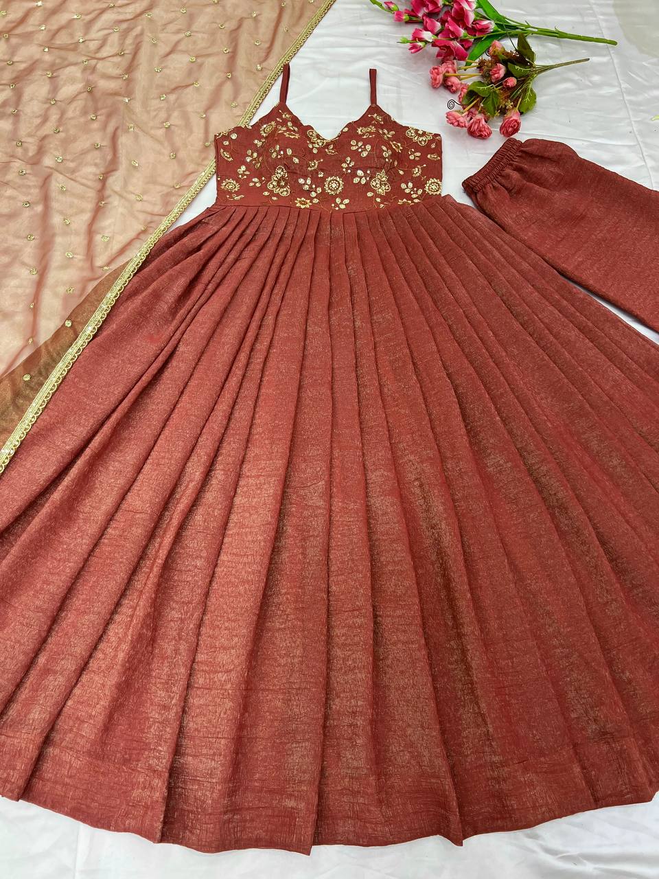"Embroidered Fandy Silk Gown with Twill Net Dupatta & Elastic Bottom"