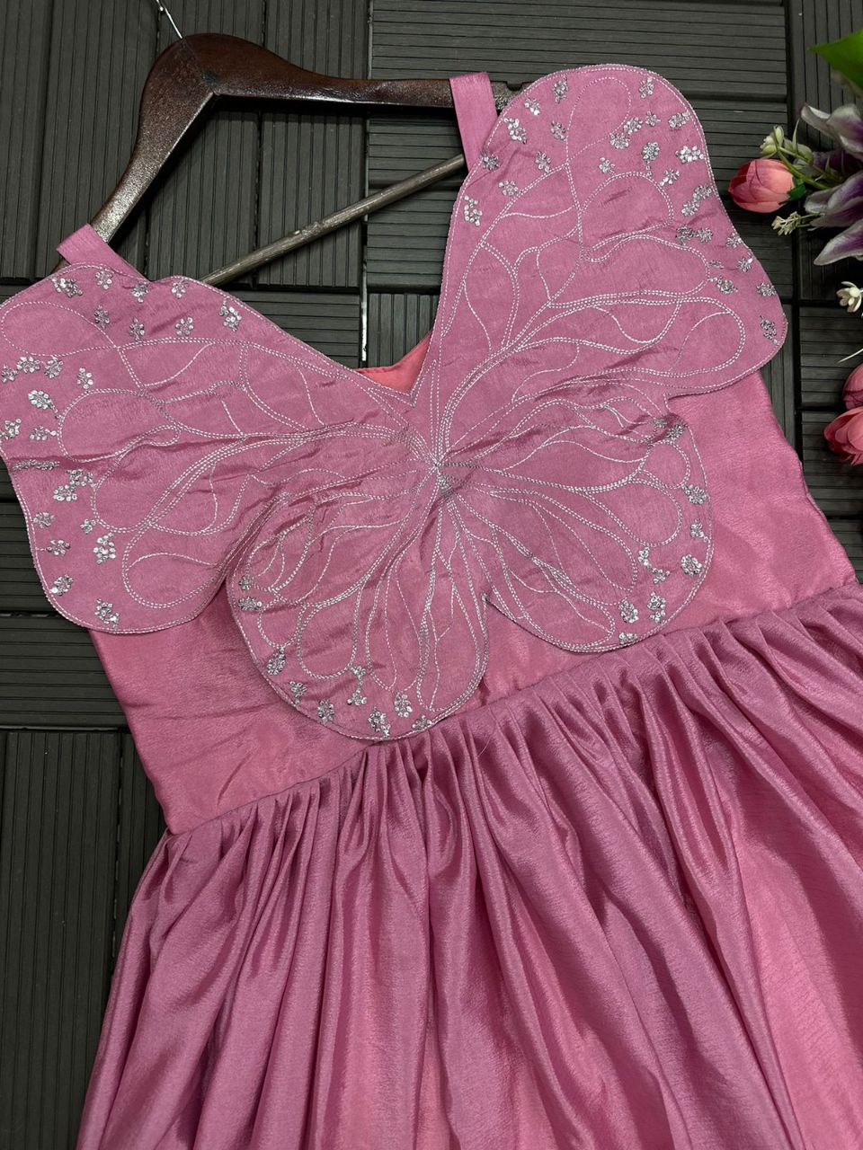 "Elegant Chinon Silk Designer Gown with Butterfly Sleeves"