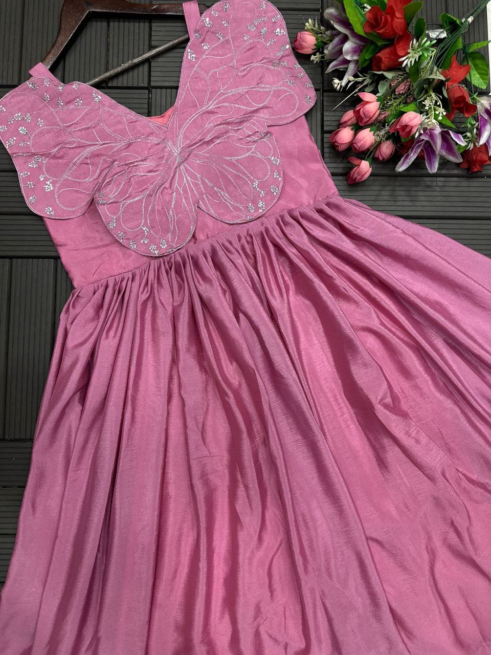 "Elegant Chinon Silk Designer Gown with Butterfly Sleeves"