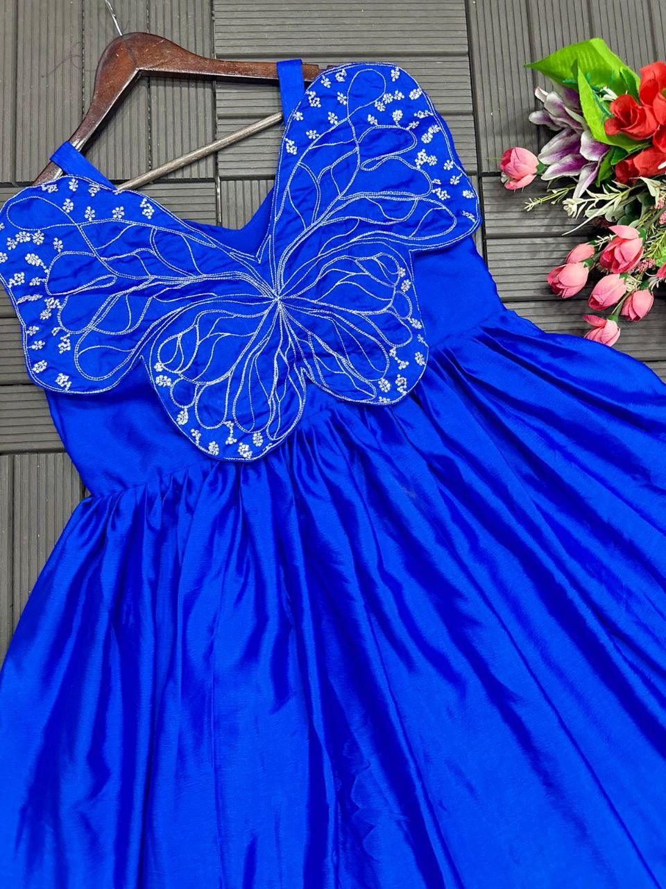 "Elegant Chinon Silk Designer Gown with Butterfly Sleeves"