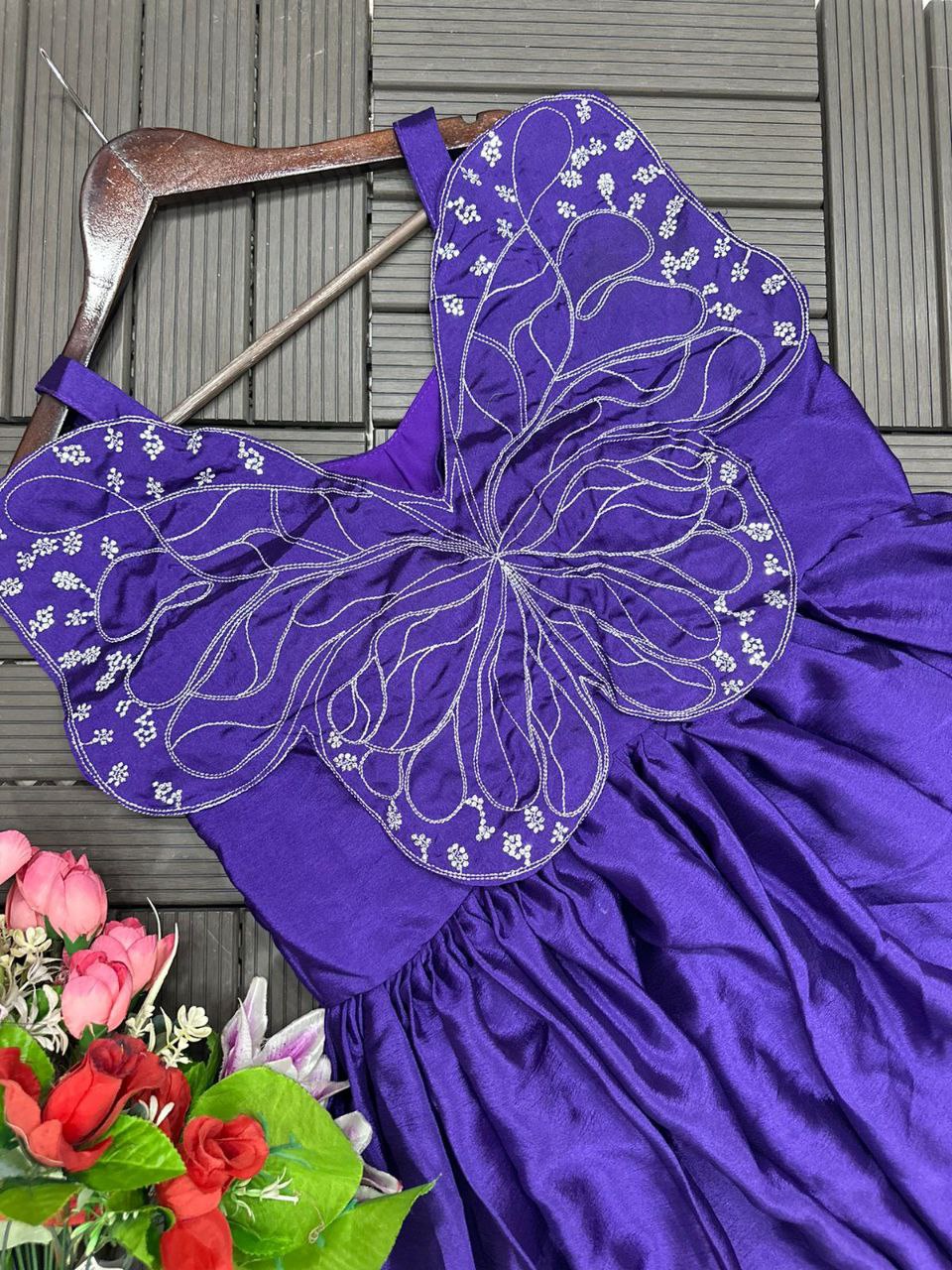 "Elegant Chinon Silk Designer Gown with Butterfly Sleeves"