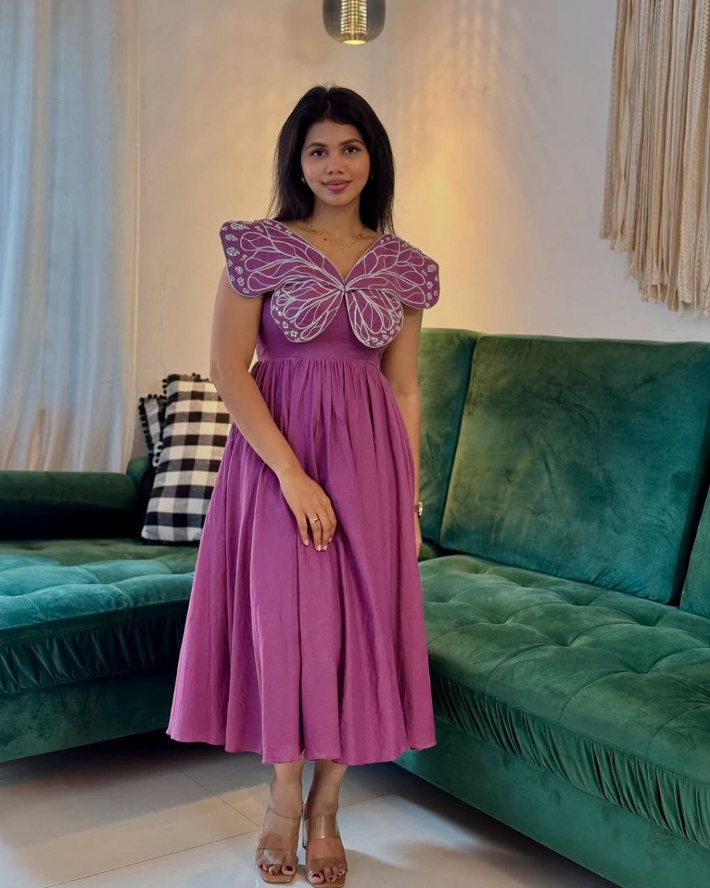 "Elegant Chinon Silk Designer Gown with Butterfly Sleeves"