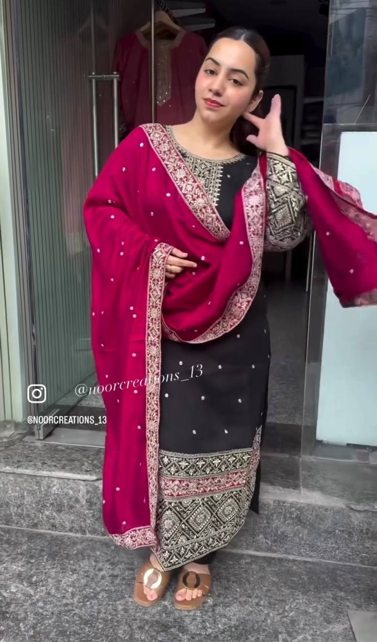 "Elegant Pure Vichitra Silk Top, Pant & Dupatta Set with Heavy Embroidery"