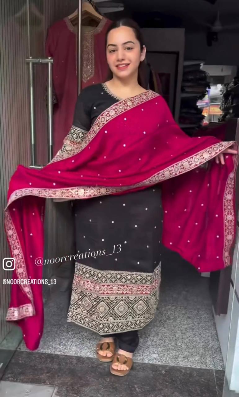 "Elegant Pure Vichitra Silk Top, Pant & Dupatta Set with Heavy Embroidery"