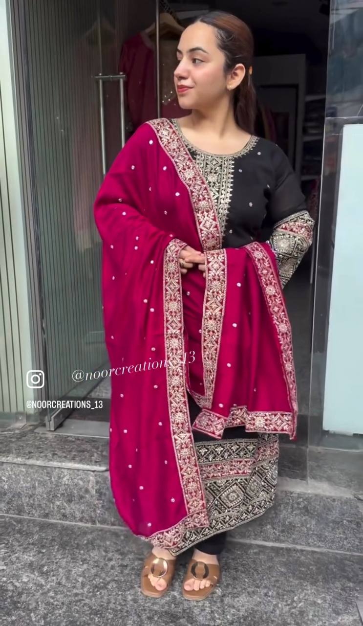 "Elegant Pure Vichitra Silk Top, Pant & Dupatta Set with Heavy Embroidery"