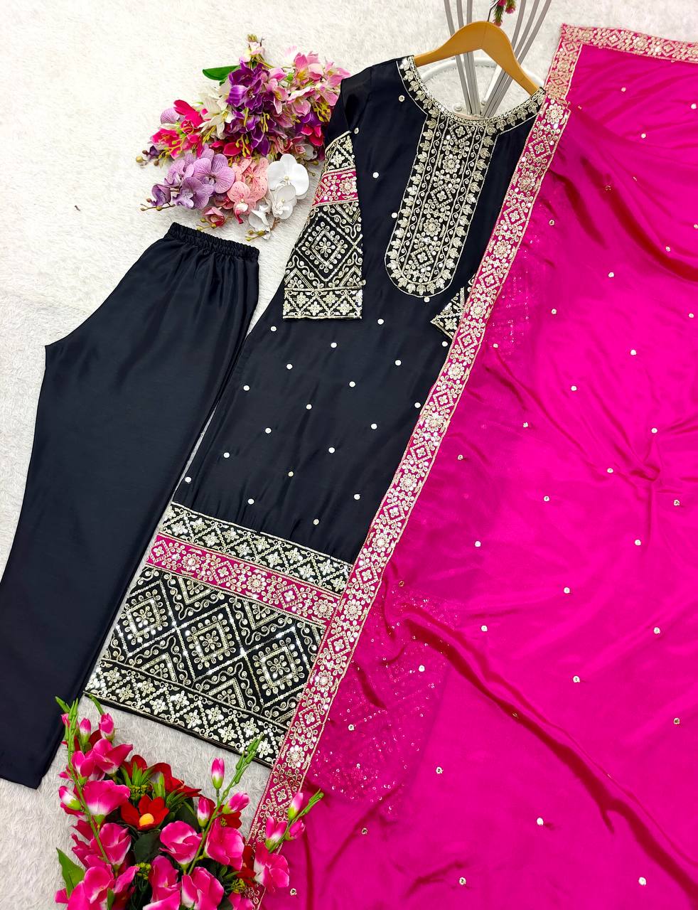 "Elegant Pure Vichitra Silk Top, Pant & Dupatta Set with Heavy Embroidery"