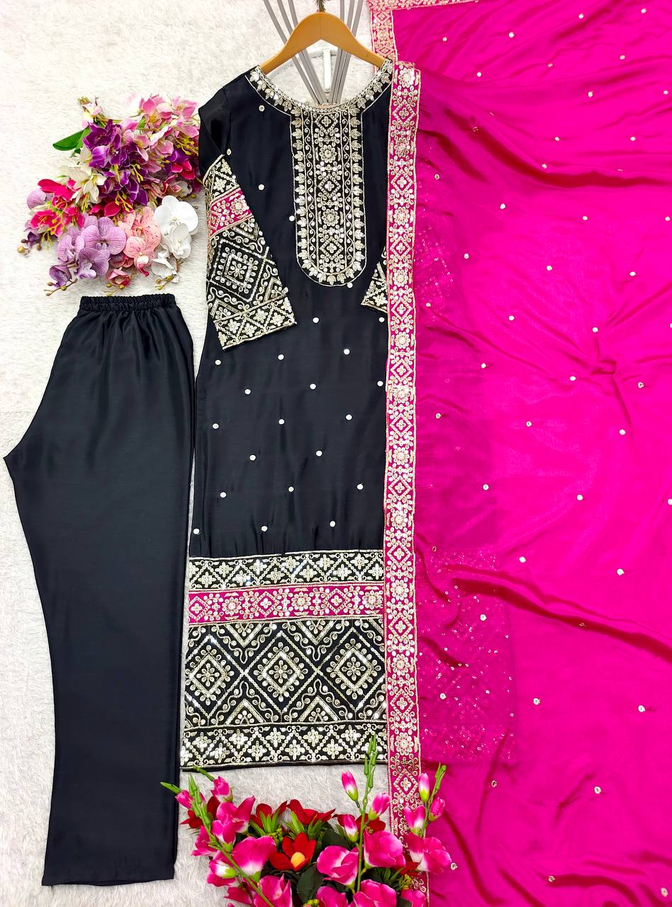 "Elegant Pure Vichitra Silk Top, Pant & Dupatta Set with Heavy Embroidery"