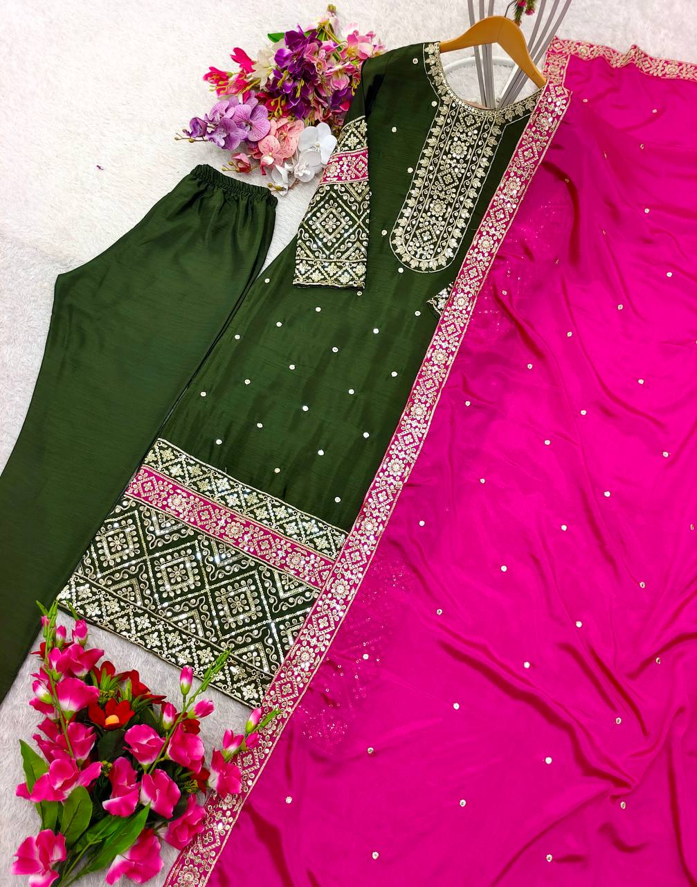 "Elegant Pure Vichitra Silk Top, Pant & Dupatta Set with Heavy Embroidery"