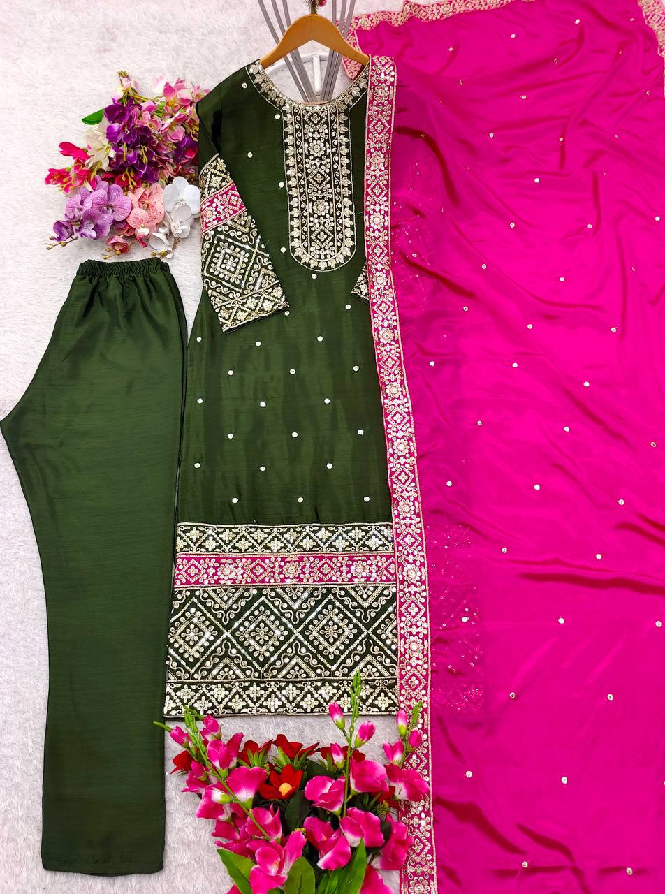 "Elegant Pure Vichitra Silk Top, Pant & Dupatta Set with Heavy Embroidery"