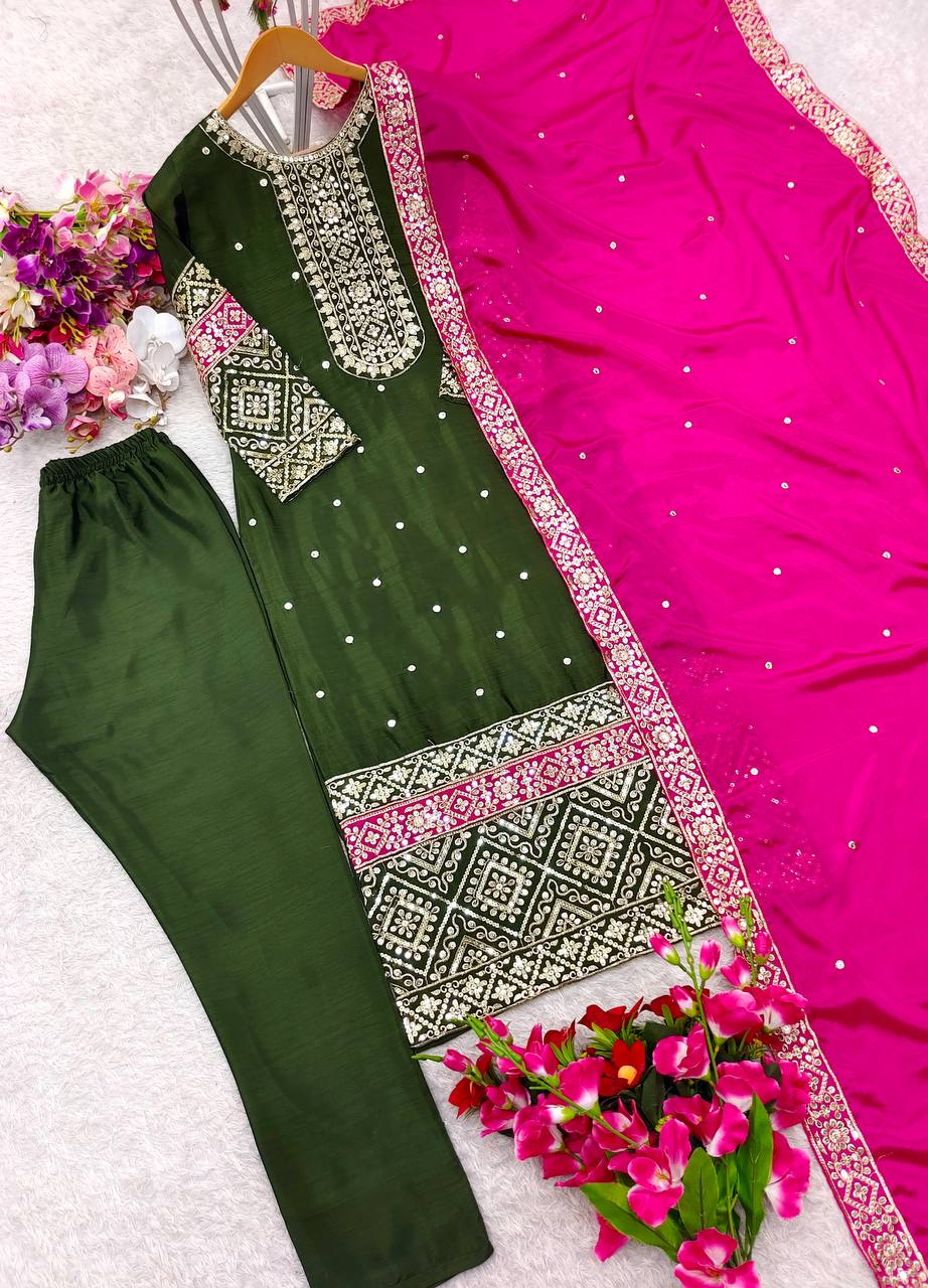 "Elegant Pure Vichitra Silk Top, Pant & Dupatta Set with Heavy Embroidery"