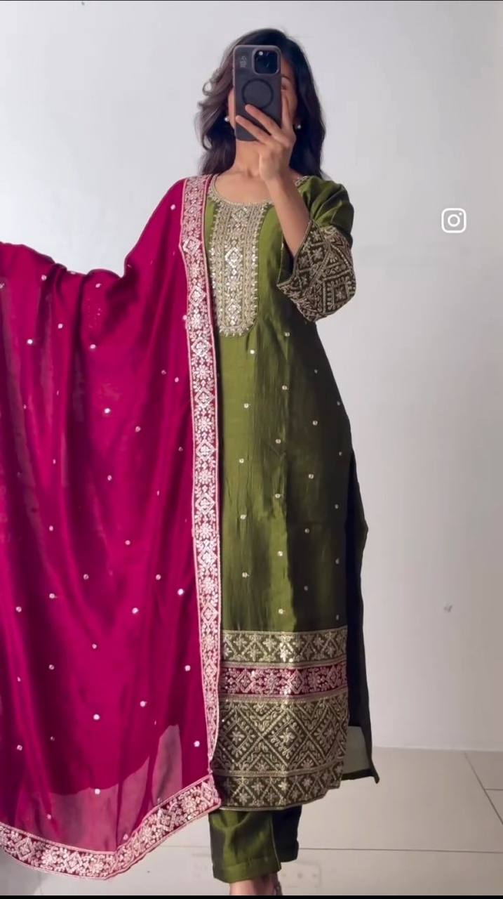 "Elegant Pure Vichitra Silk Top, Pant & Dupatta Set with Heavy Embroidery"