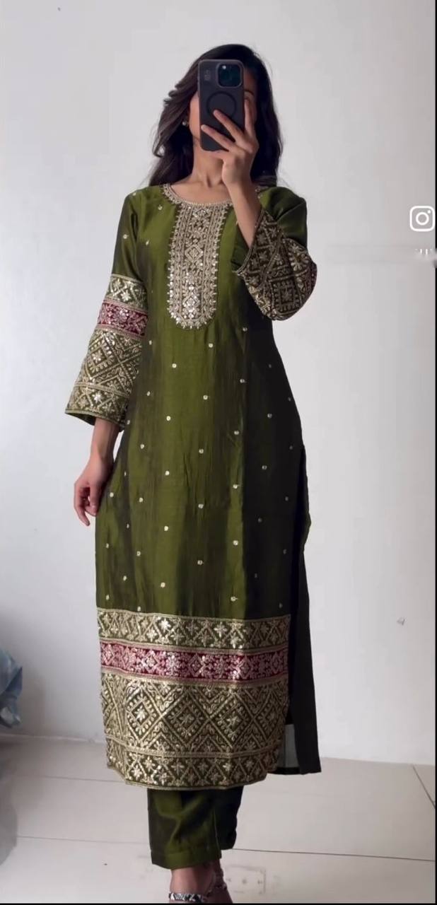 "Elegant Pure Vichitra Silk Top, Pant & Dupatta Set with Heavy Embroidery"