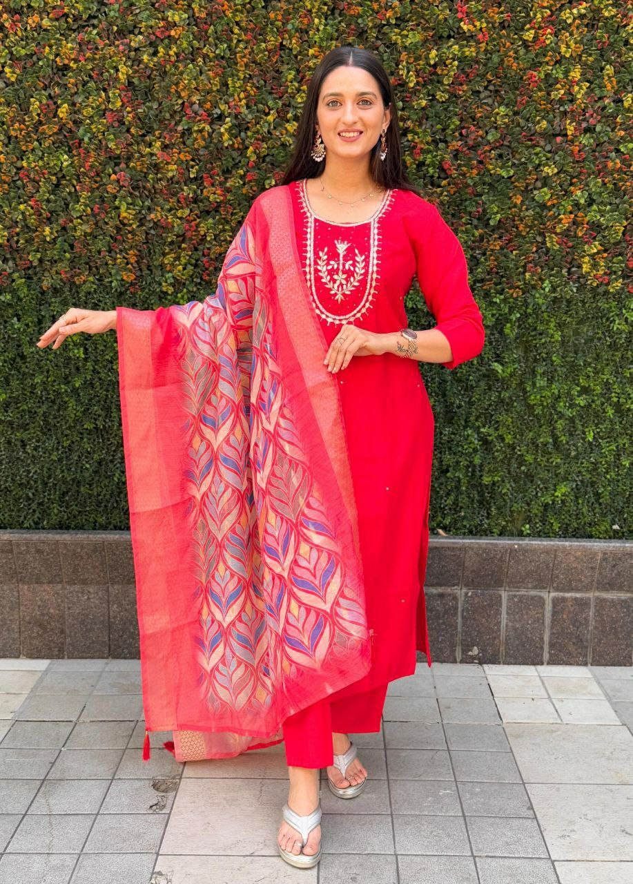 "Premium Red Roman Silk Dress with Heavy Chanderi Dupatta and Handwork"