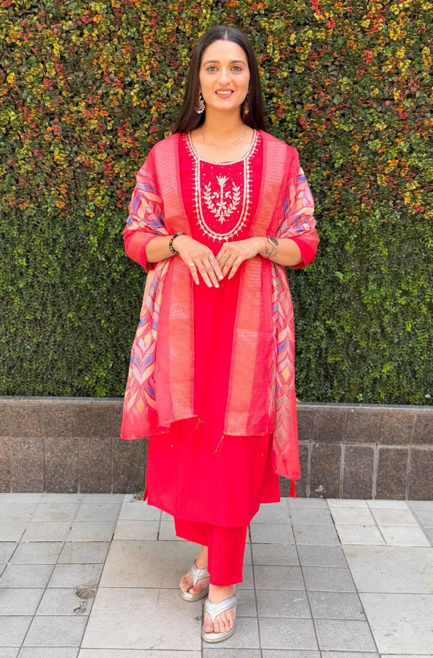 "Premium Red Roman Silk Dress with Heavy Chanderi Dupatta and Handwork"