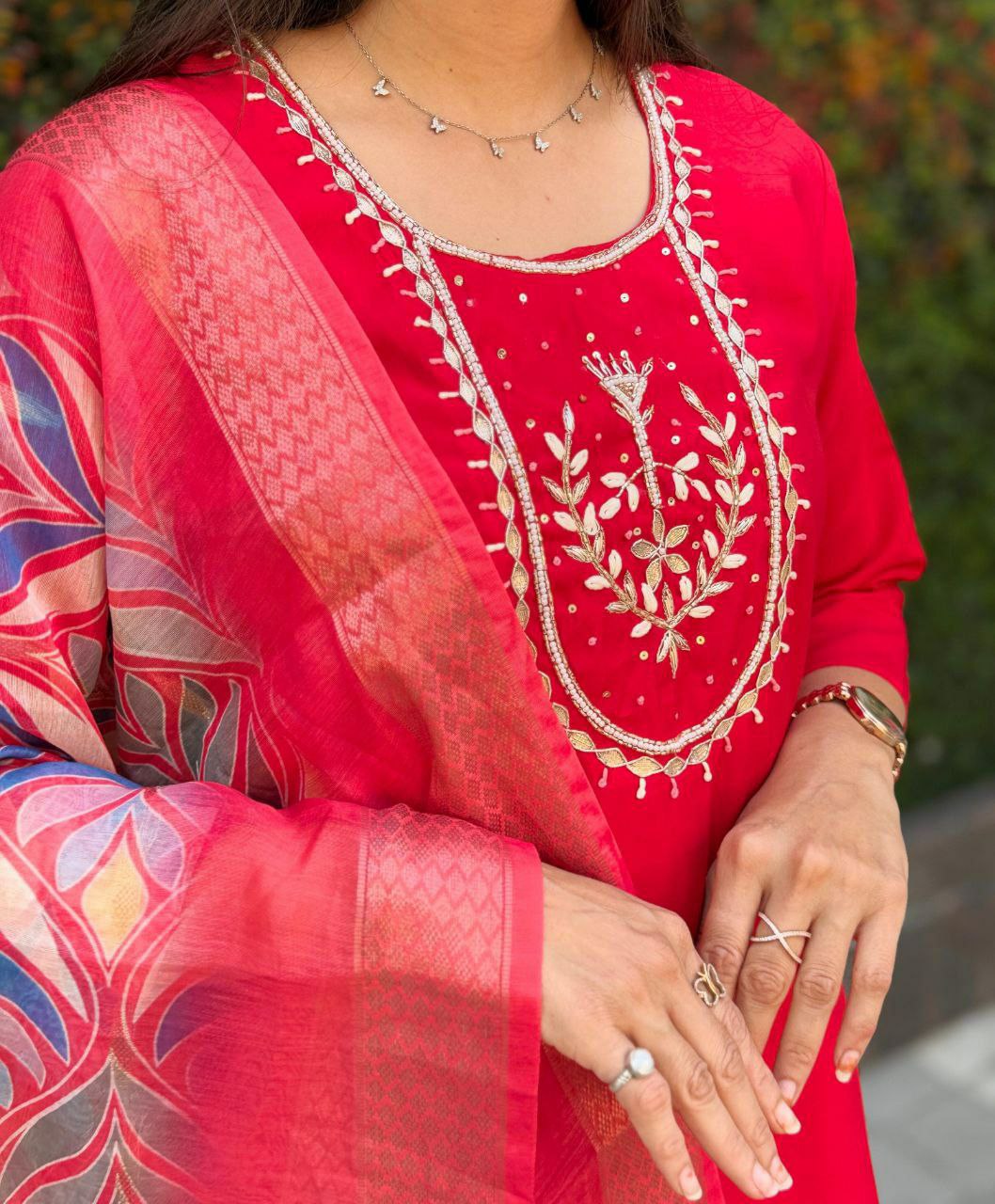 "Premium Red Roman Silk Dress with Heavy Chanderi Dupatta and Handwork"