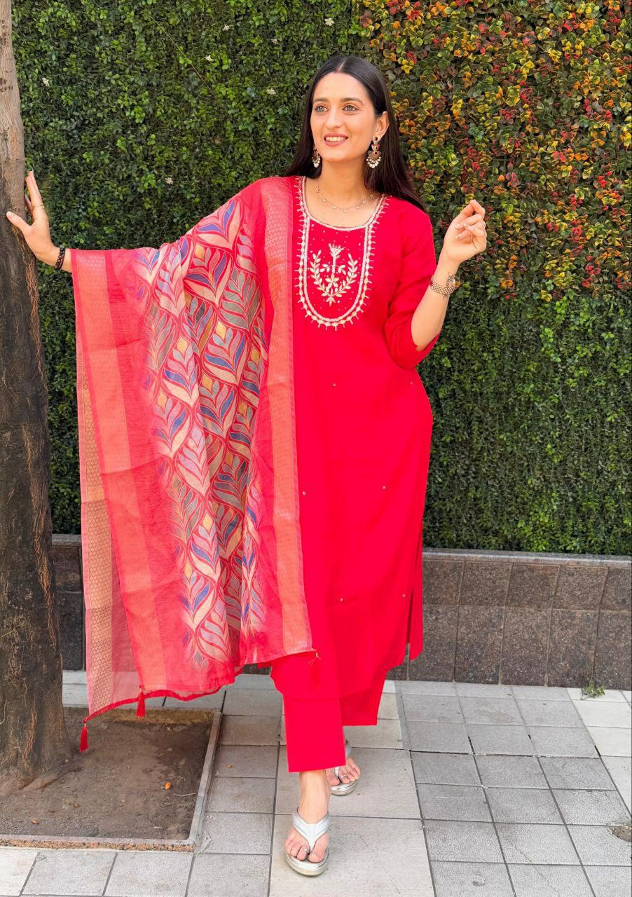 "Premium Red Roman Silk Dress with Heavy Chanderi Dupatta and Handwork"