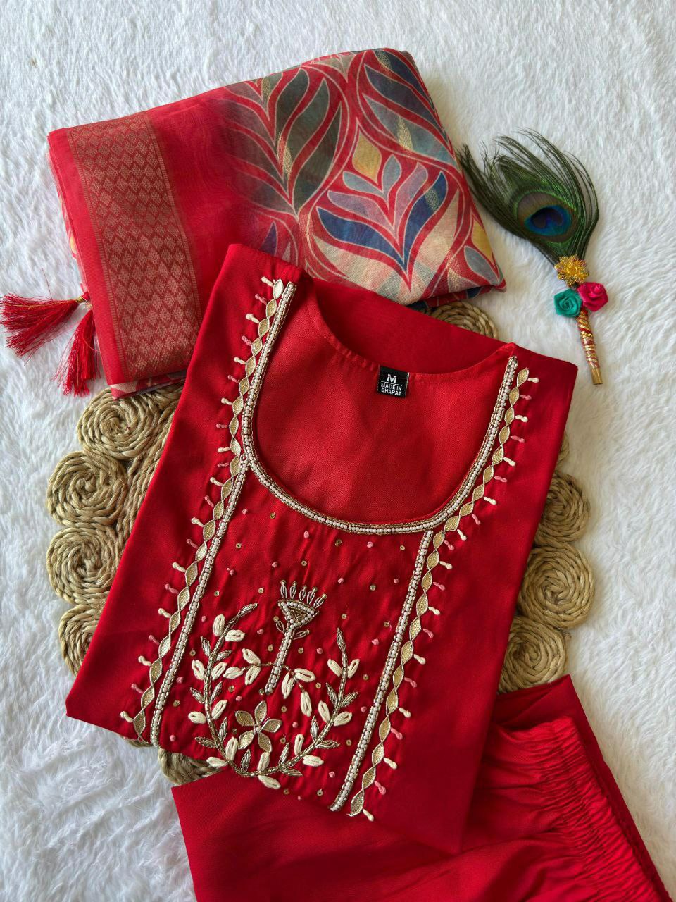 "Premium Red Roman Silk Dress with Heavy Chanderi Dupatta and Handwork"