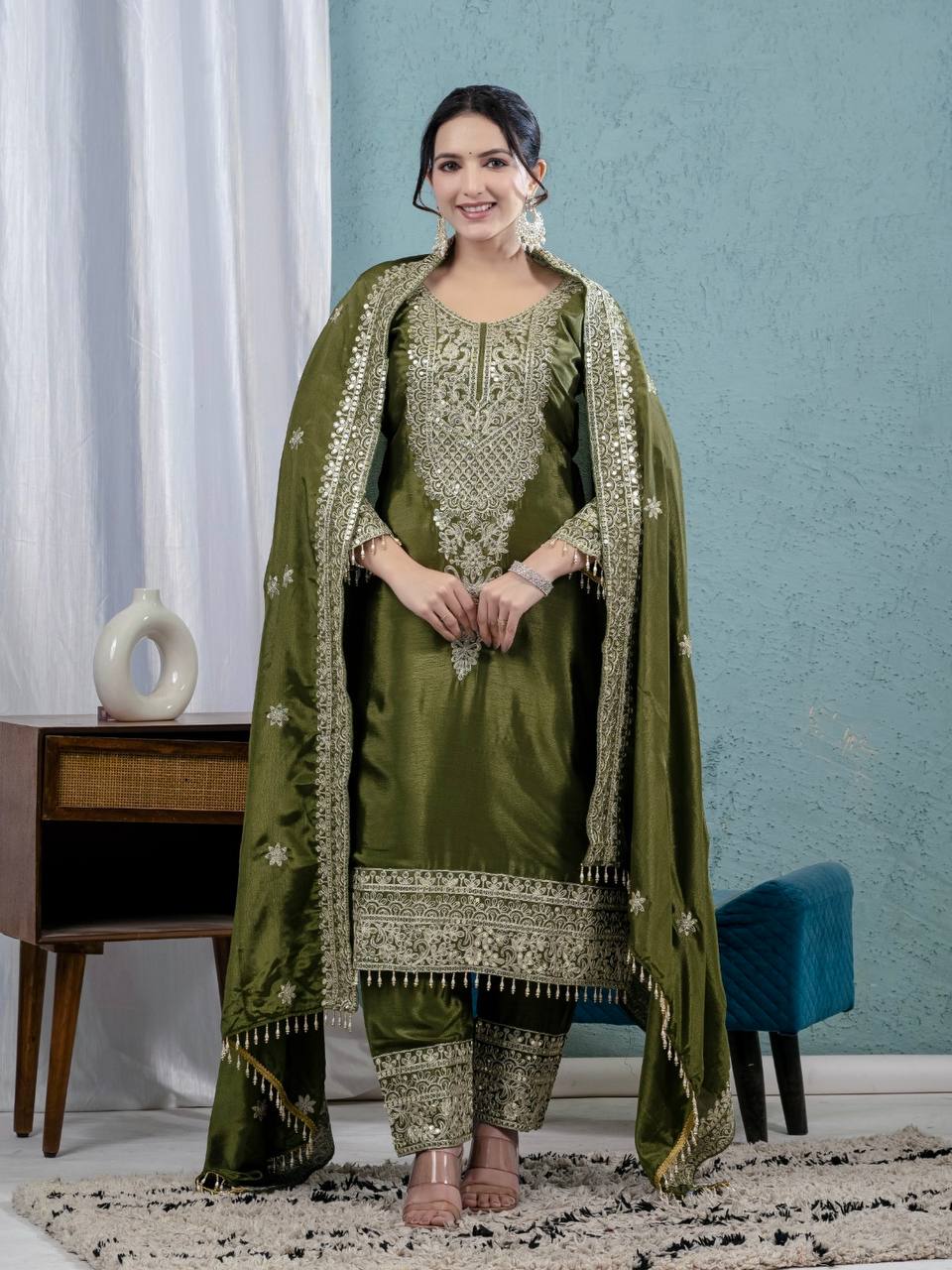 "Elegant Pure Chinnon Silk Ensemble with Heavy Embroidery and Sequins"