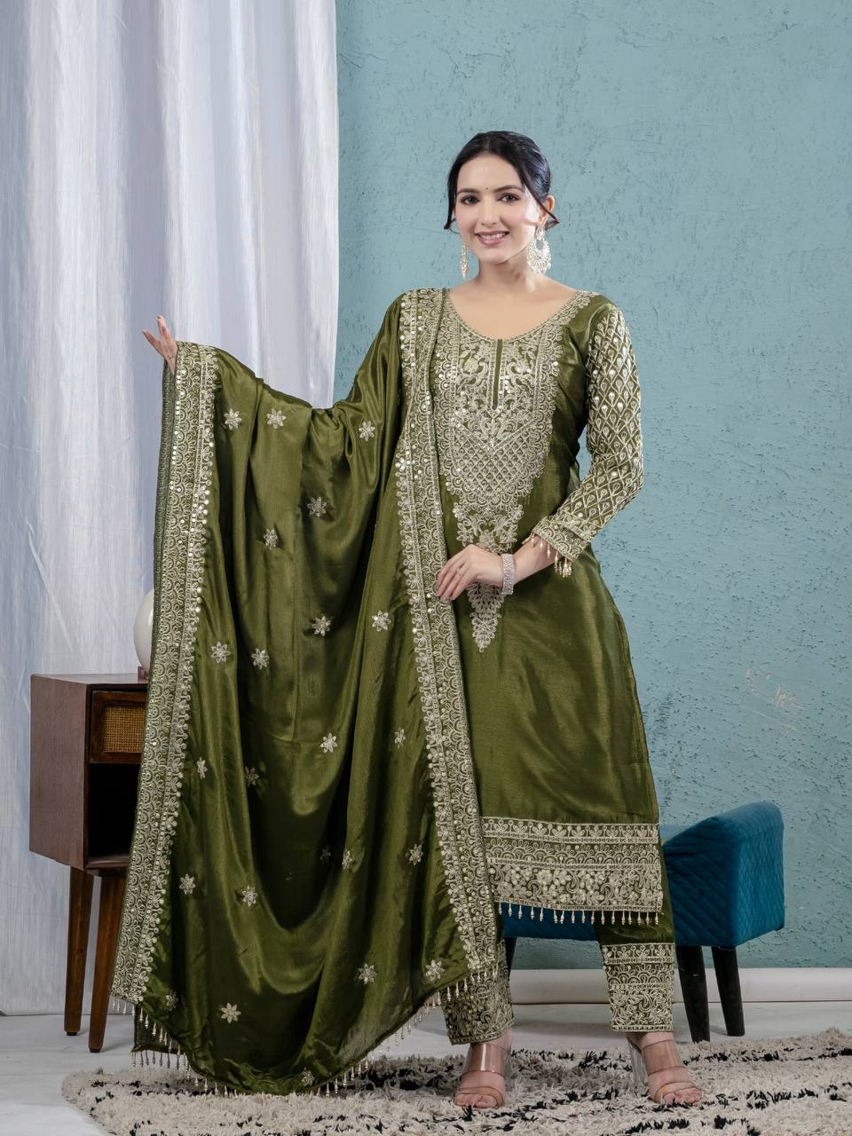 "Elegant Pure Chinnon Silk Ensemble with Heavy Embroidery and Sequins"