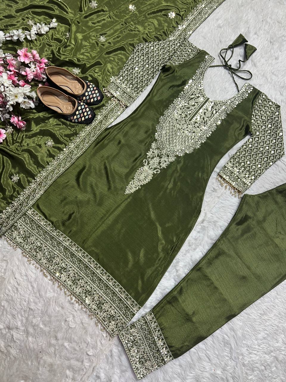 "Elegant Pure Chinnon Silk Ensemble with Heavy Embroidery and Sequins"