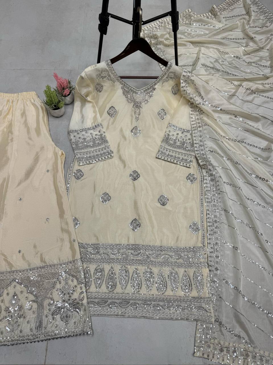 "Elegant Chinon Sequence Embroidered Sharara Set with Dupatta"