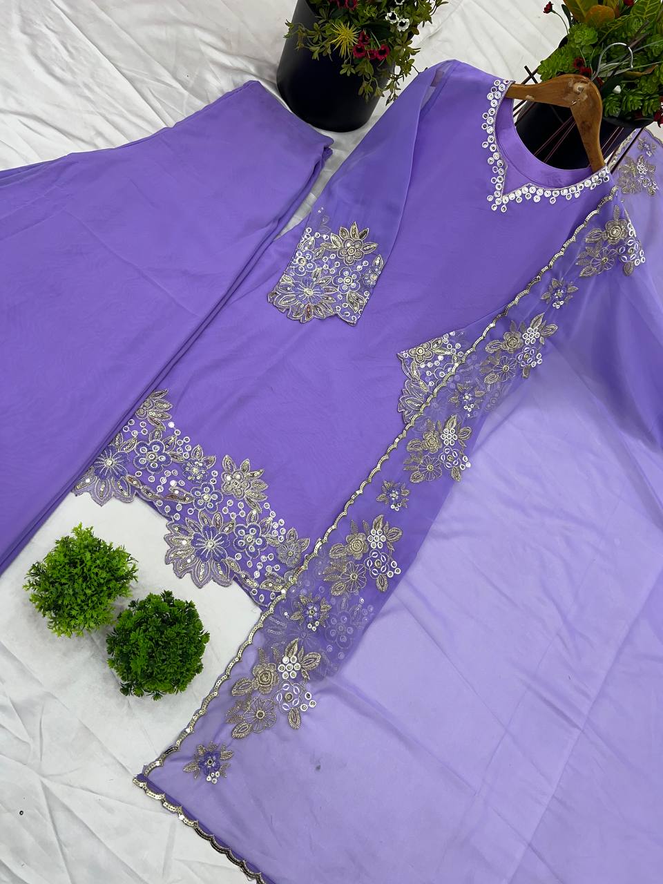 Graceful Embroidery Sequence Work Top, Plazzo & Dupatta Set