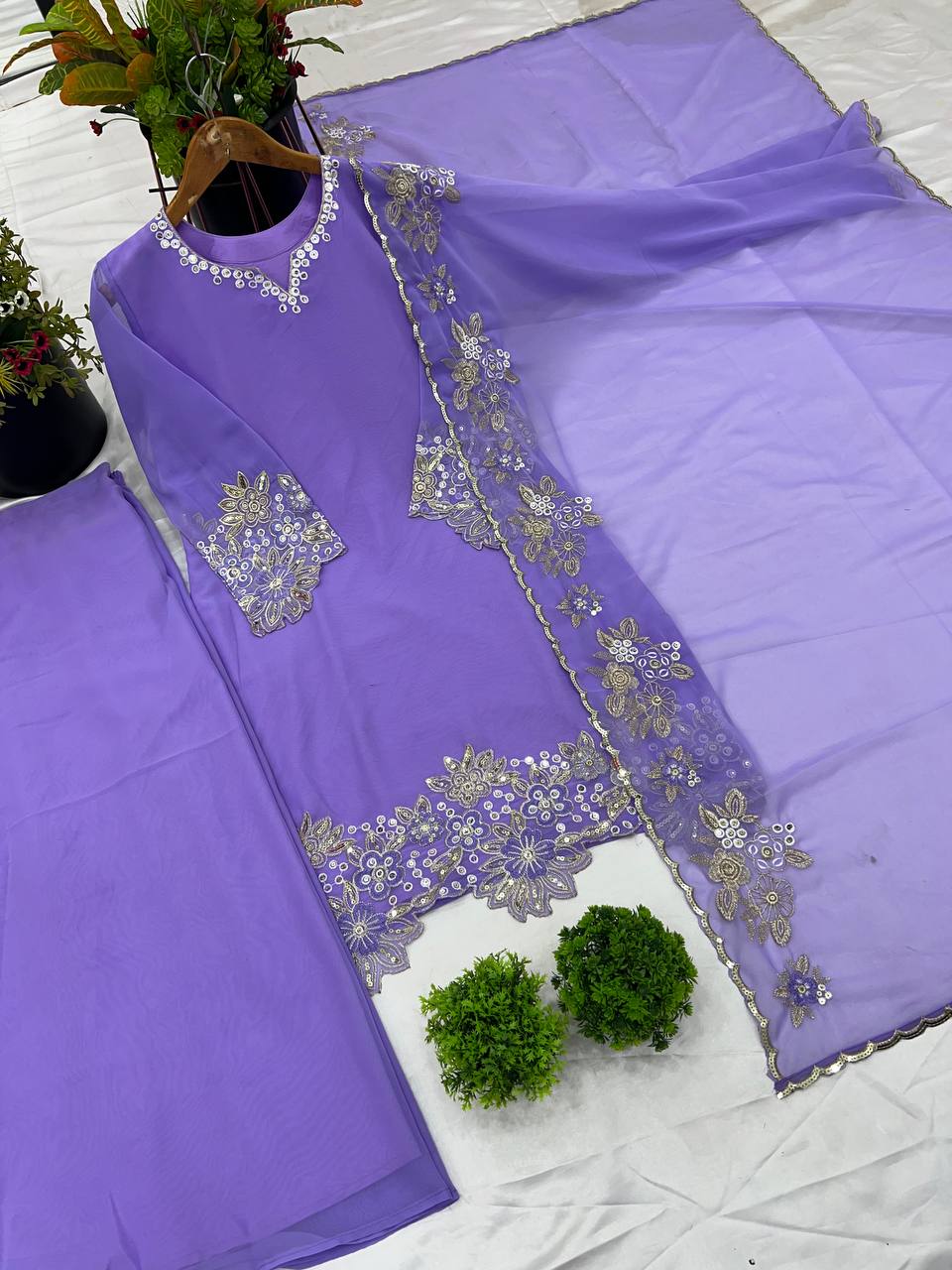 Graceful Embroidery Sequence Work Top, Plazzo & Dupatta Set