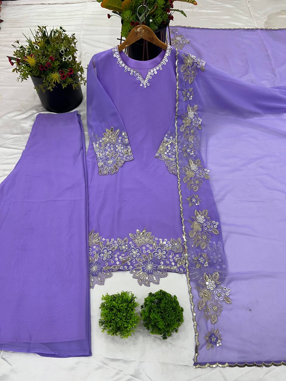 Graceful Embroidery Sequence Work Top, Plazzo & Dupatta Set