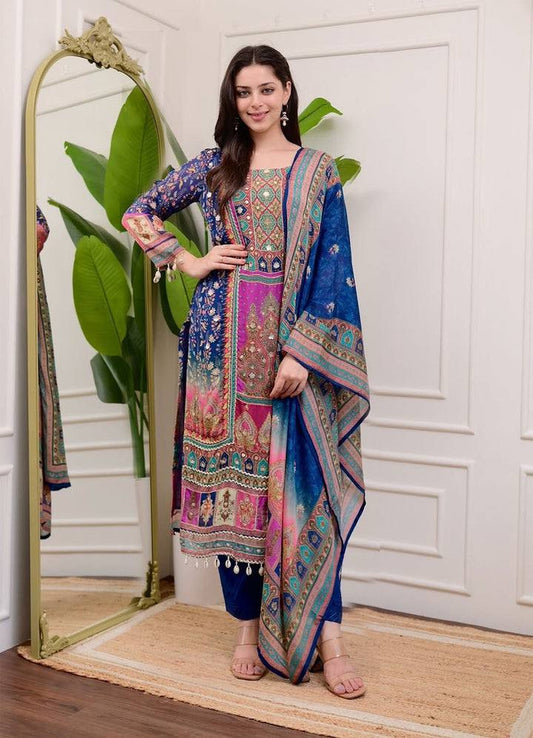 "Luxury Chinon Set: Printed Top, Pant & Dupatta with Fancy Details"