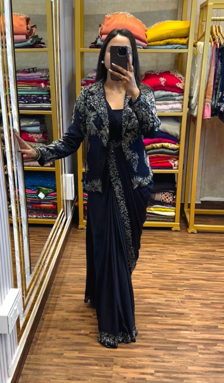 "Elegantly Embroidered Heavy Chinon Saree Set with Jacket and Belt"