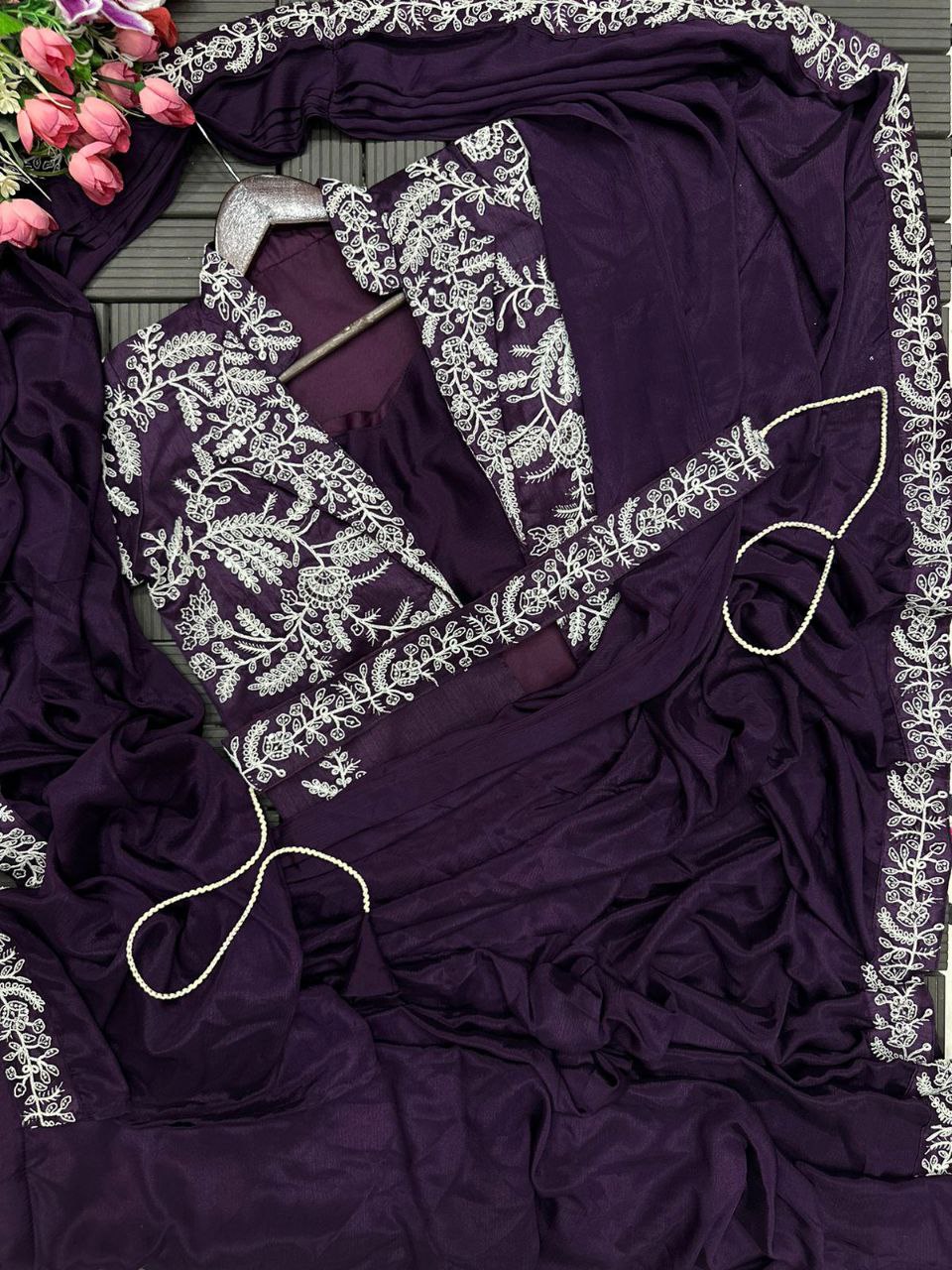 "Elegantly Embroidered Heavy Chinon Saree Set with Jacket and Belt"