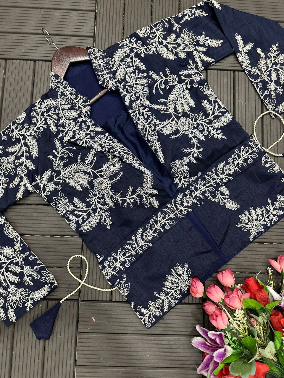 "Elegantly Embroidered Heavy Chinon Saree Set with Jacket and Belt"