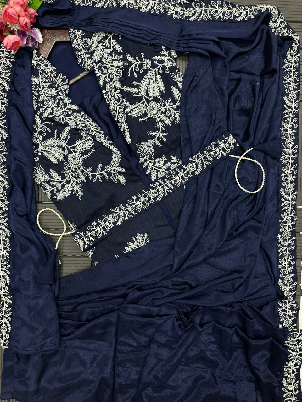 "Elegantly Embroidered Heavy Chinon Saree Set with Jacket and Belt"