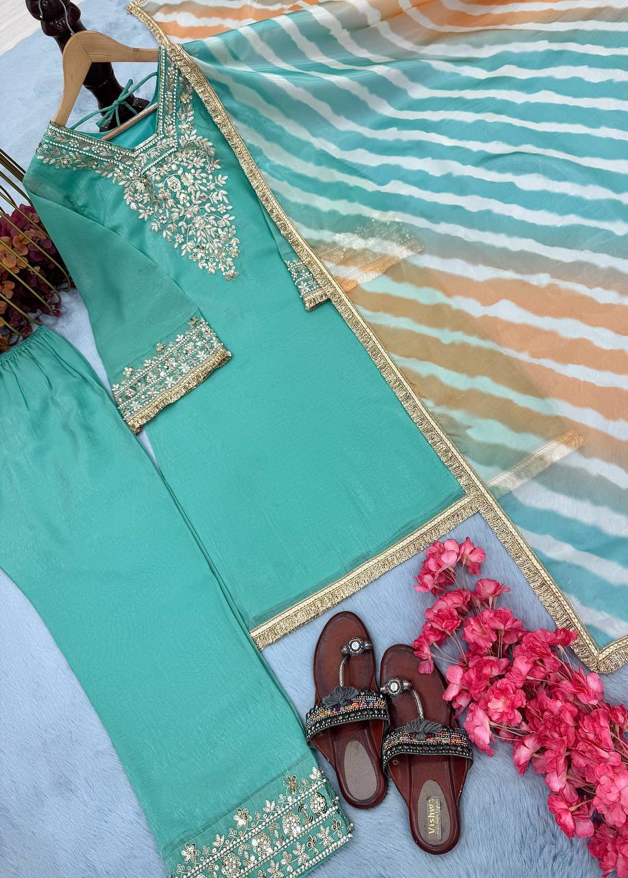 "Premium Pur Crunchy Silk Embroidered Outfit with Tassels & Digital Print Dupatta"