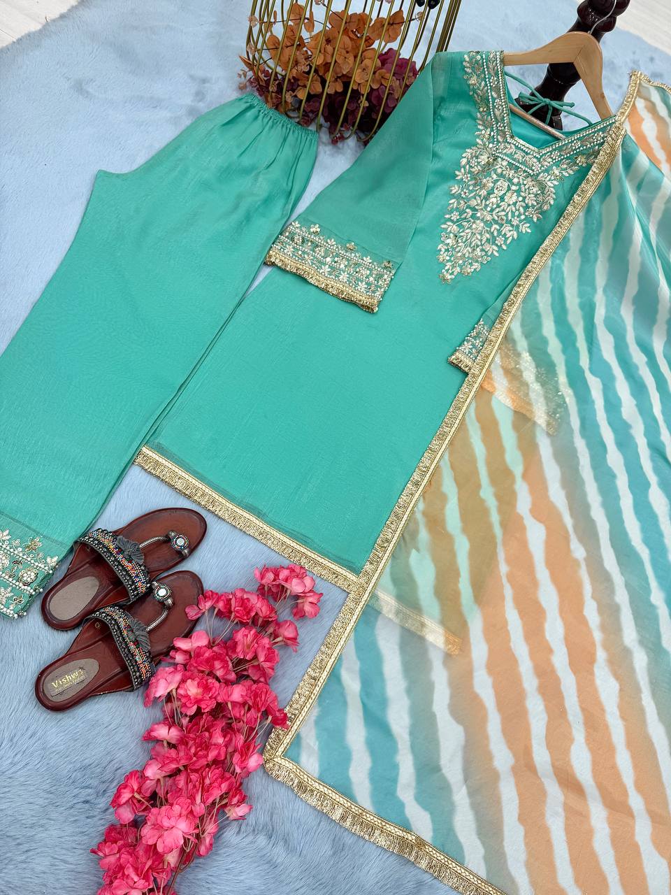 "Premium Pur Crunchy Silk Embroidered Outfit with Tassels & Digital Print Dupatta"