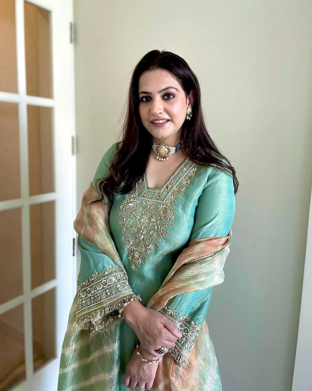 "Premium Pur Crunchy Silk Embroidered Outfit with Tassels & Digital Print Dupatta"