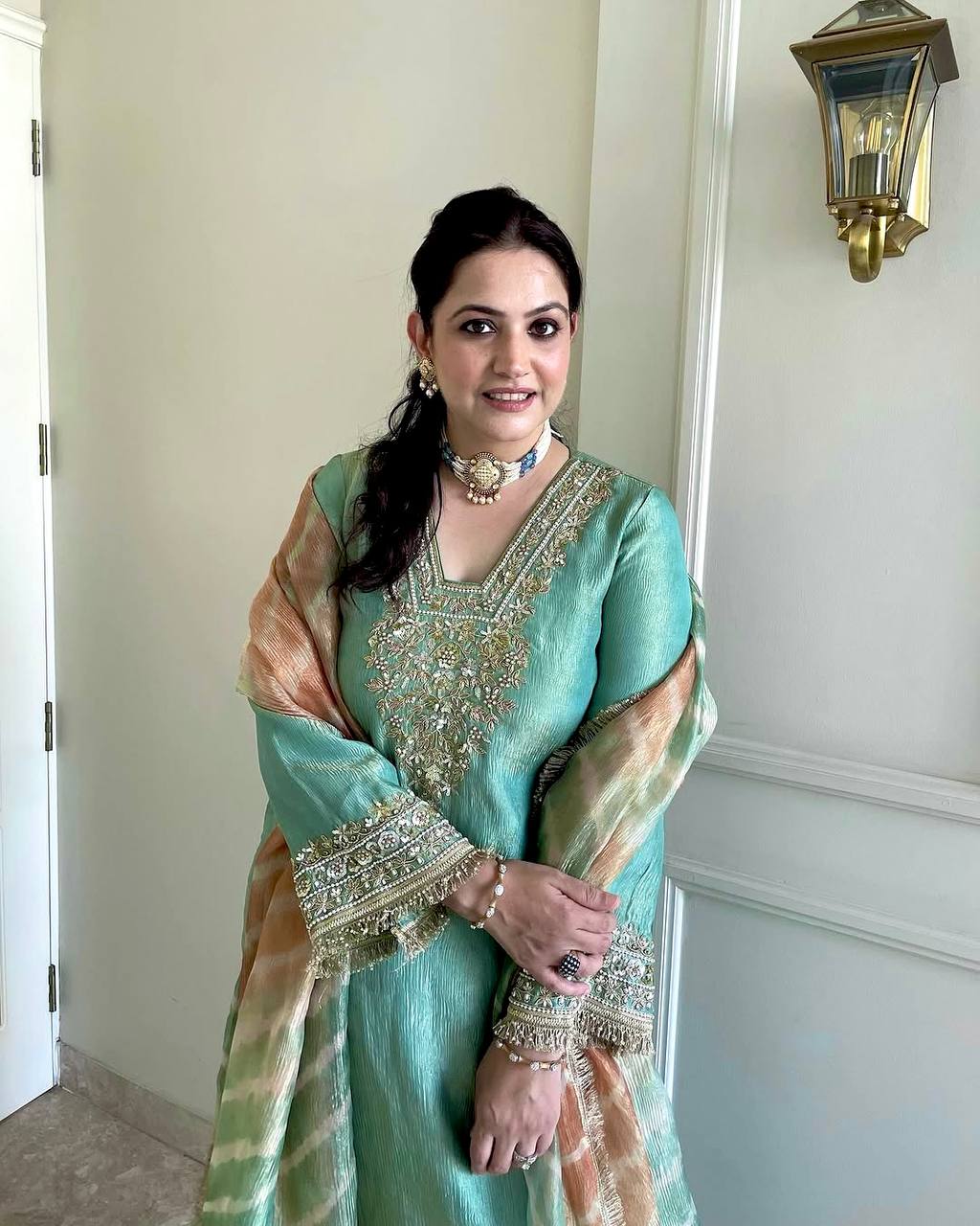 "Premium Pur Crunchy Silk Embroidered Outfit with Tassels & Digital Print Dupatta"