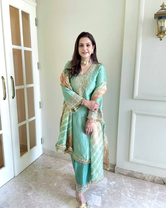 "Premium Pur Crunchy Silk Embroidered Outfit with Tassels & Digital Print Dupatta"